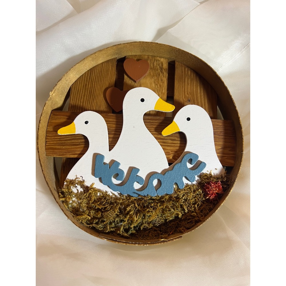 Vintage 1980s Concepts Intl Wood Welcome Sign 3D Geese Ducks Basket Lid Taiwan - Picture 1 of 5